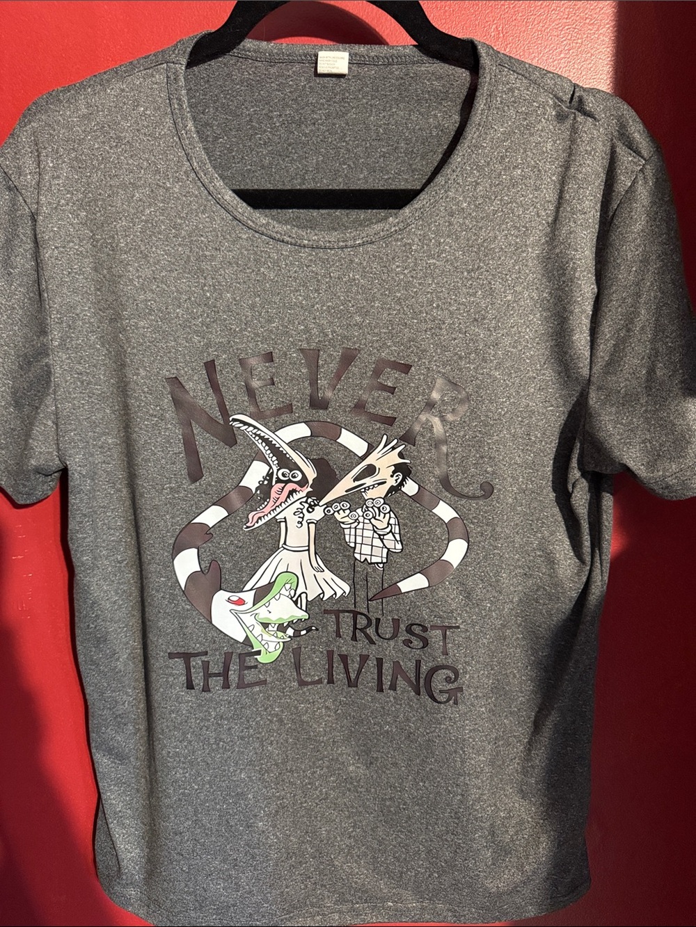 Gray Graphic Tee - "Never Trust The Living" Beetlejuice Top